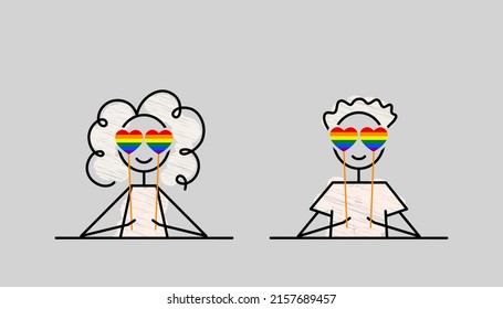 LGBT Pride Month, the rainbow flag heart shape glasses, cute characters holding colorful hearts, in love simple doodle vector illustration