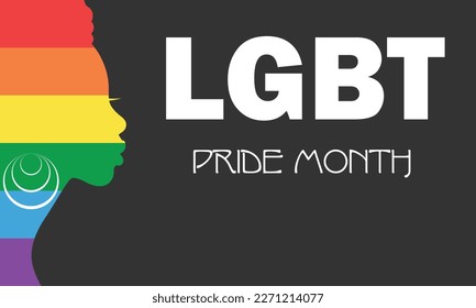 LGBT pride month. Rainbow LGBT flag. Silhouette of a black woman.