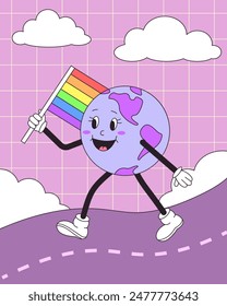 In: LGBT Pride Month. Retro groovige Erde Charakter mit Regenbogenfarben LGBTQ Fahne gehen. Vektorillustration