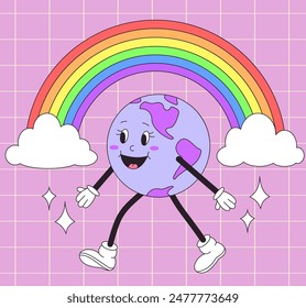 LGBT Pride Month. Retro groovy earth character walking with a rainbow. Vector illustration