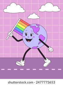 In: LGBT Pride Month. Retro groovige Erde Charakter mit Regenbogenfarben LGBTQ Fahne gehen. Vektorillustration