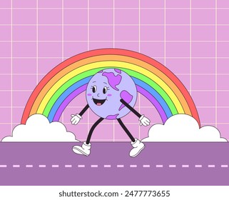 LGBT Pride Month. Retro groovy earth character walking with a rainbow. Vector illustration