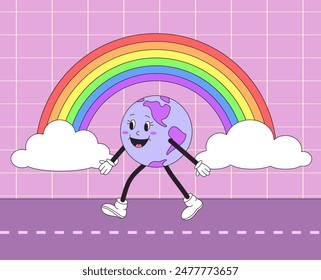 LGBT Pride Month. Retro groovy earth character walking with a rainbow. Vector illustration
