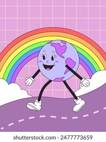 LGBT Pride Month. Retro groovy earth character walking with a rainbow. Vector illustration