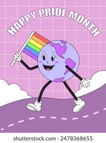 In: LGBT Pride Month. Retro groovige Erde Charakter mit Regenbogenfarben LGBTQ Fahne gehen. Vektorillustration