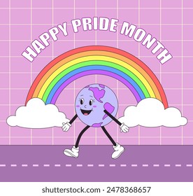 LGBT Pride Month. Retro groovy earth character walking with a rainbow. Vector illustration