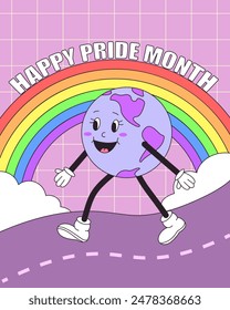 In: LGBT Pride Month. Retro-grooviger Erdcharakter, der mit einem Regenbogen geht. Vektorillustration