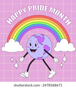 LGBT Pride Month. Retro groovy earth character walking with a rainbow. Vector illustration