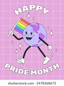 LGBT Pride Month. Retro groovy earth character walking with rainbow colors LGBTQ flag. Vector illustration