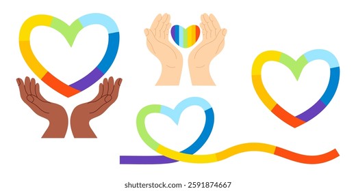 LGBT Pride Month set. Diverse hands holding rainbow heart, colorful ribbon. Unity, diversity and inclusion. Isolate LGBTQ community symbols. Vector illustration. Zero discrimination day