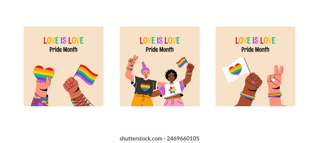 LGBT pride month set square media post template for social media.Rainbow flag, people.Vector stock illustration.