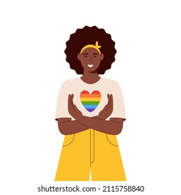 LGBT pride month. Smiling woman embrace lgbt colors heart. Woman support lgbt community. Pride month celebration against violence, discrimination, human rights.Isolated on white. Banner