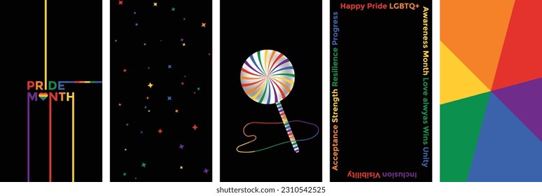 LGBT Pride month story set of 5.Black background.Colorful.Social media background,poster,banner cover.Gay pride colors.Lettering,stars,lollipop.