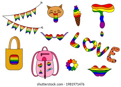 Lgbt pride month. Vector collection of LGBTQ community symbols with gender elements. Pride month concept. Gay parade symbols. Human rights and tolerance. Vector cartoon illustration.