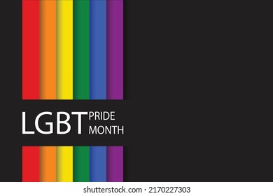 LGBT Pride Month vector concept. Abstract background with heart, black text in line art style, and rainbow Freedom flag on white. LGBTQ community and movement of sexual minorities.
