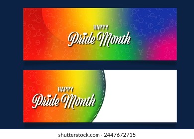 Conjunto de Anuncios del concepto del Mes del Orgullo LGBT del Vector. Bandera del arco iris de la libertad con iconos. Evento anual de verano del desfile gay