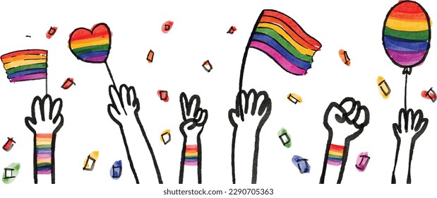 LGBT  Pride month watercolor texture concept. Hand raising  rainbow flag isolate on white background. vector 