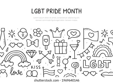 LGBT pride month. Web banner template. Vector hand drawn illustration. Doodle sketch style.