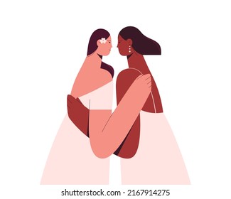 LGBT pride month. LGBT wedding. Vector illustration of two hugging multicultural women. Multicultural Lgbt youth. Pride month celebration against violence, discrimination, human rights.Landing page