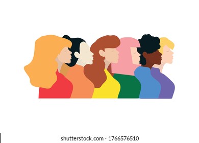 LGBT pride month. Women's month. Women of different nationalities and cultures: African, European, Asian, Arab. Fight for rights, independence, equality, . Women's entrepreneurship.