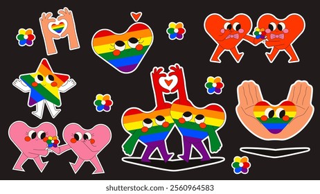 LGBT Pride month.Groovy stickers with hearts. Flat vector illustration.