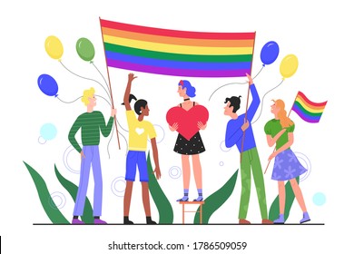 LGBT pride parade concept flat vector illustration. Cartoon happy young group of gay, lesbian, transgender activist characters with rainbow flag participating in LGBTQ pride month festival celebration