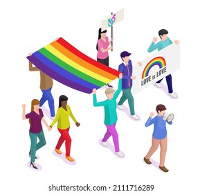 LGBT Pride Parade, flat vector isometric illustration. People holding rainbow flag. Pride march, event or festival.