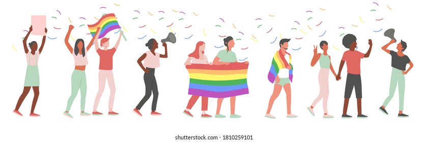 LGBT pride parade. Group of gay, lesbian, bisexual, transgender activists with flags and posters at a street demonstration for LGBT rights. Vector illustration.