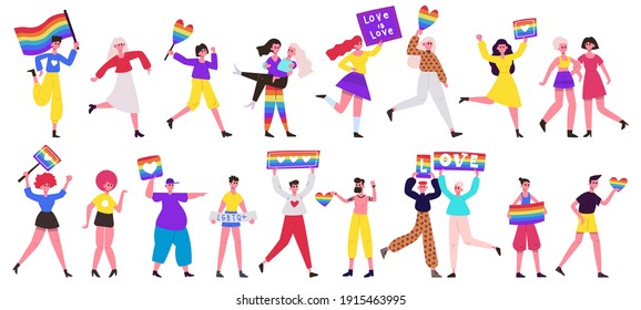 Lgbt pride parade. Love parade, lesbian, gay, bisexual and transgender community movement. Pride parade vector illustration set. Rainbow flag pride, rights lgbt homosexuality