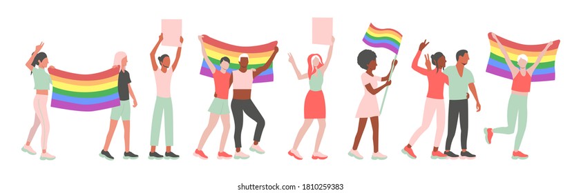 LGBT pride parade. Men and women at a street demonstration for LGBT rights. Group of gay, lesbian, bisexual, transgender activists with flags and posters. Flat iillustration.