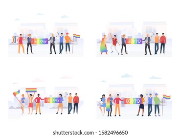 LGBT pride parade set. Gay people holding rainbow placards and flags. Flat vector illustrations. Pride festival concept for banner, website design or landing web page
