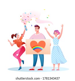 LGBT pride parade vector illustration. Cartoon flat happy homosexual and transgender people with LGBT rainbow flag have fun on festival parade for human rights