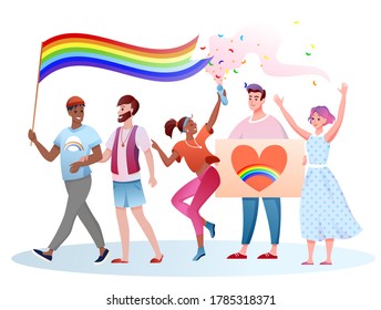 LGBT pride parade vector illustration. Cartoon flat happy homosexual and transgender people take part in festival parade for human rights, holding LGBT rainbow flag in hands