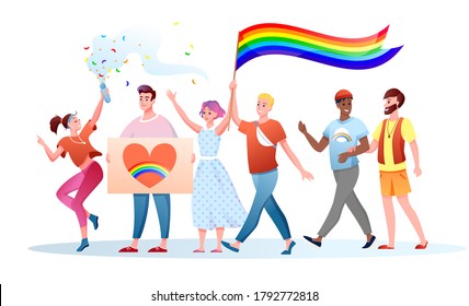 LGBT pride parade vector illustration. Cartoon flat happy gays lesbians characters holding LGBT rainbow flag on festival parade for human rights, tolerance and love