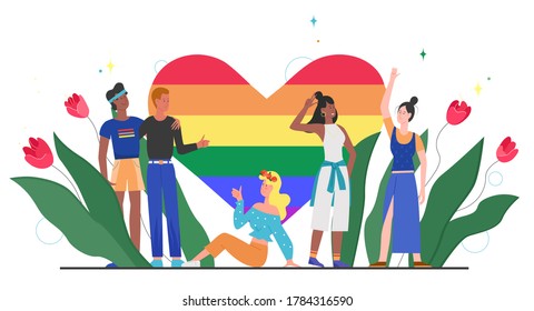 LGBT pride rainbow heart concept vector illustration. Cartoon flat happy LGBT community diversity people standing together with rainbow heart, symbol of love, equality, tolerance isolated on white