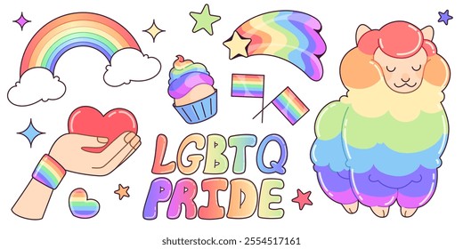 Lgbt pride rainbow sticker. Heart and love icon pack design. Lgbtq month illustration with groovy patch collection. Colorful festival drawing with cute lesbian and bisexual fun label cartoon set