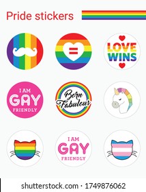 LGBT Pride round icons set. Editable to print as stickers or metal badge. Love Wins. Gay Friendly. Rainbow. Unicorn.