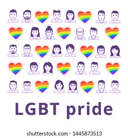 LGBT pride. Same-sex couples together. Support homosexual, bisexual, transgender, lesbian gay festival. Against hatred and intolerance. Love is Love. Rainbow heart. and line icons. Vector illustration