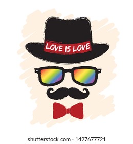 LGBT pride sign of men face in retro hipster style with hat, rainbow color eyeglasses, mustache, bow tie & text "Love is Love". Hand drawn vintage old men's accessories.