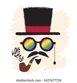 LGBT pride sign of men face in retro hipster style with hat, rainbow color eyeglasses, mustache, tabacco pipe & text "Love is Love". Hand drawn vintage old men's accessories.