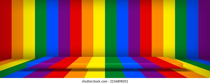 LGBT pride stage or Rainbow room scene. Empty square pedestal design on rainbow line stripes vertical background for LGBT banner. Pride stage. Vector illustration.