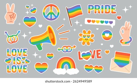LGBT Pride Aufkleber Set mit Regenbogenherzen, Flaggen, Friedenssymbolen und Liebeszitaten - Farbiges Vektorpaket, das Gleichheit, Vielfalt und Freiheit für alle Identitäten feiert