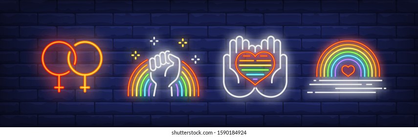 LGBT pride symbols neon sign set. Rainbow, heart in hand, gay couple. Vector illustration in neon style, bright banner for topics like homosexual relationships, parade, community