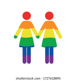 LGBT pride. Two lesbians vector icon in raimbow colors. Vector illustration