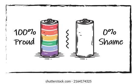 LGBT Pride Vector design. Battery level as full charged in rainbow colors bars for LGBTQ proud display. Sketch or hand drawn style. Proud and Shame. Print for mockups or products.