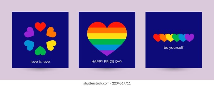 LGBT Pride vector templates for cover design, social media post, flyer, postcard, banner. Hearts in LGBT flag colors.