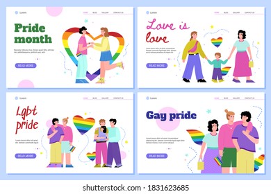LGBT pride web banners or website headers set with cartoon people, flat vector illustration. Movement for sexual equality and against discrimination of LGBT community.