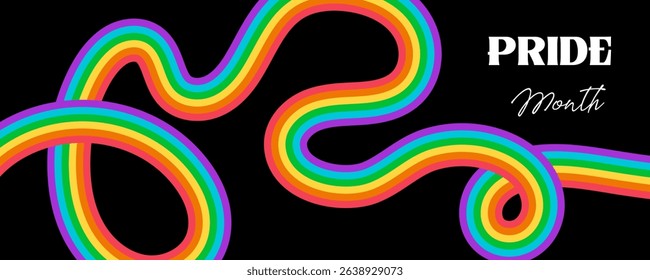 LGBT progress flag banner. Abstract wave ribbon in rainbow flag colors on isolated black background with copy space. Vector design template for pride month poster, card