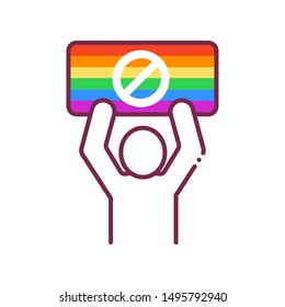 LGBT protest color color line icon. No homofobia. Human holds rainbow nameplate with a stop sign. Discrimination concept. Pride, rights and tolerance. Sign for web page, mobile app, social media.