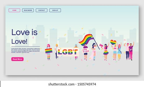 LGBT protest landing page vector template. Love is love website interface idea with flat illustrations. Pride parade homepage layout. Gay community demonstration web banner, webpage cartoon concept